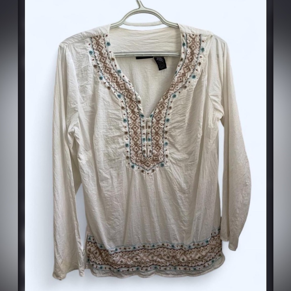 a.n.a Cream Embroidered V-Neck Tunic Boho Cotton